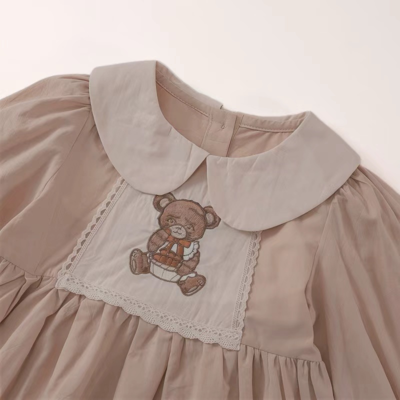 Baby Girl Babydoll Collar Bear Embroidery Long Sleeve Dress