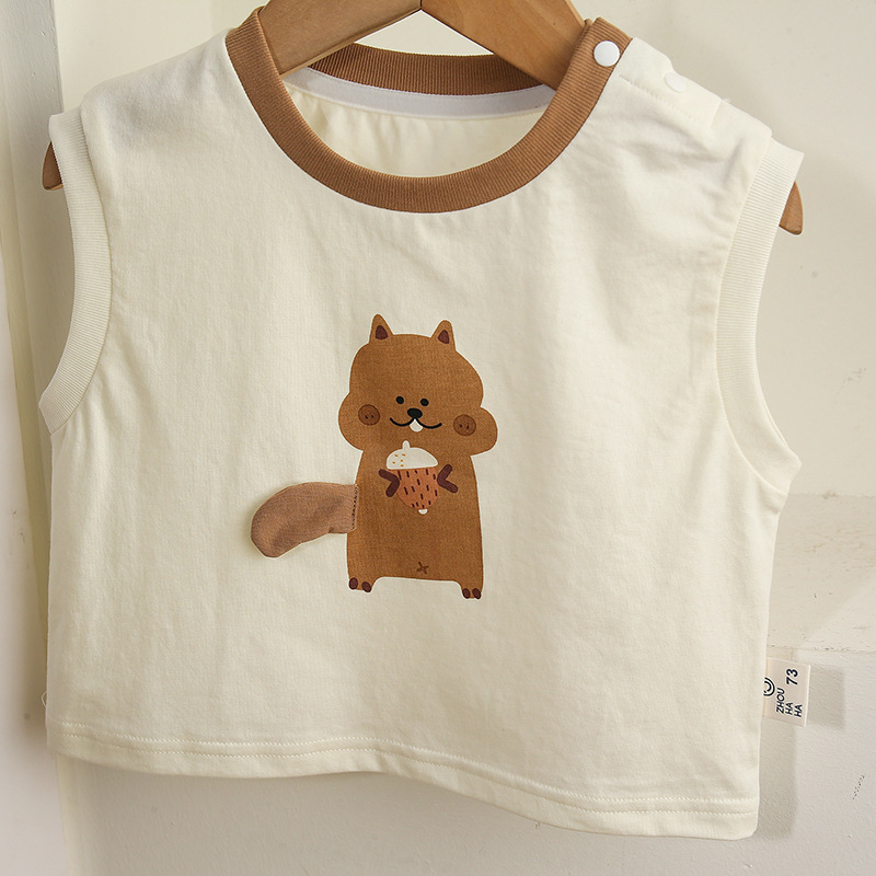 Sleeveless White Top with Squirrel Print and Brown Shorts Set