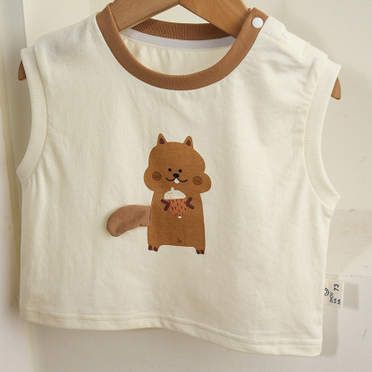Sleeveless White Top with Squirrel Print and Brown Shorts Set