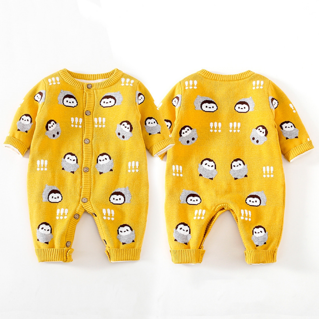 Baby Boy/Girl Allover Penguin Graphic Knitted Long Sleeve Romper-kissminis