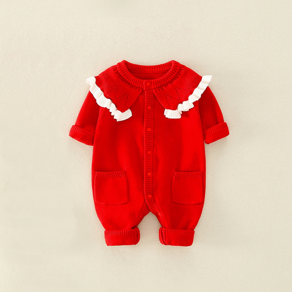Baby Boy/Girl Crew Neck Solid Color Knit Long Sleeve Romper-kissminis