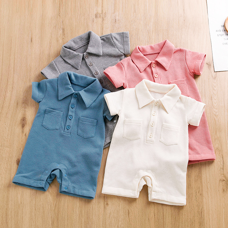 Baby Solid Color Lapel Short Sleeve Romper-kissminis