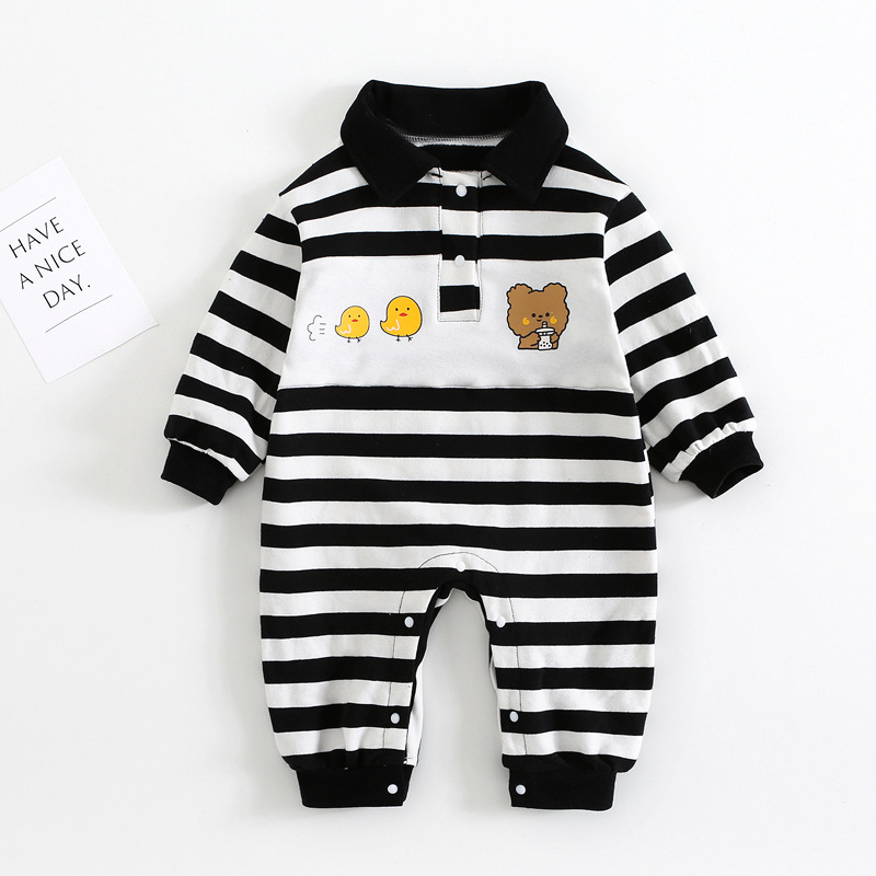 Baby Boy/Girl Cute Cartoon Print Striped Long Sleeve Romper-kissminis