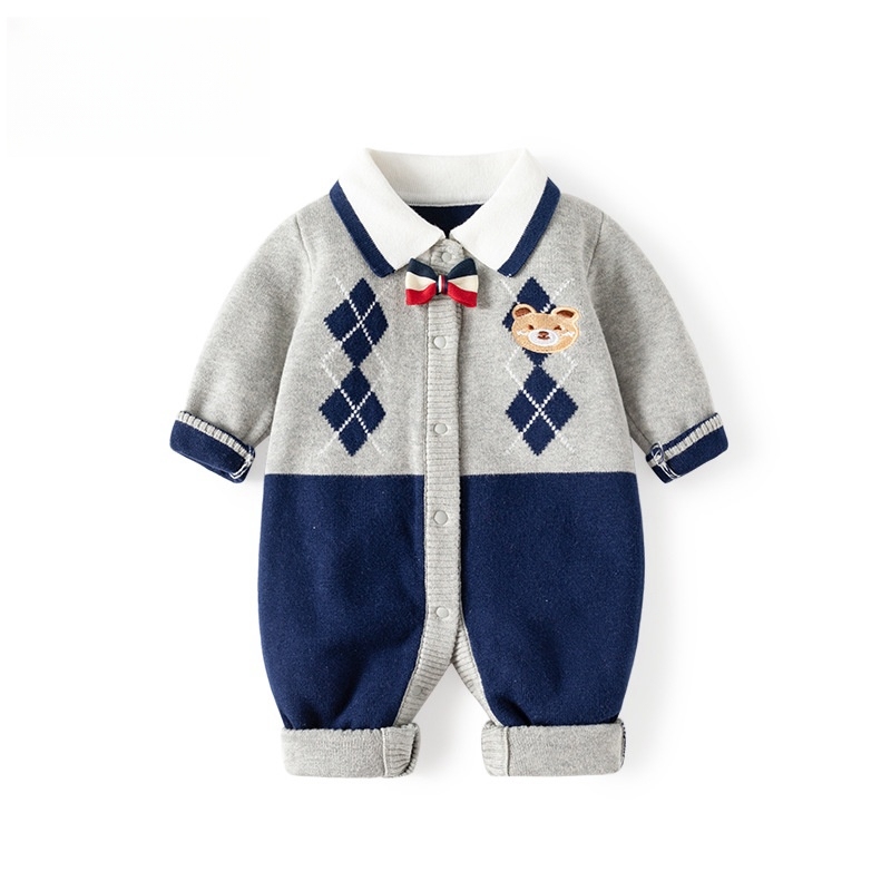 Newborn Baby Boy Cute Plaid Bear Graphic Knitted Long Sleeve Romper-kissminis