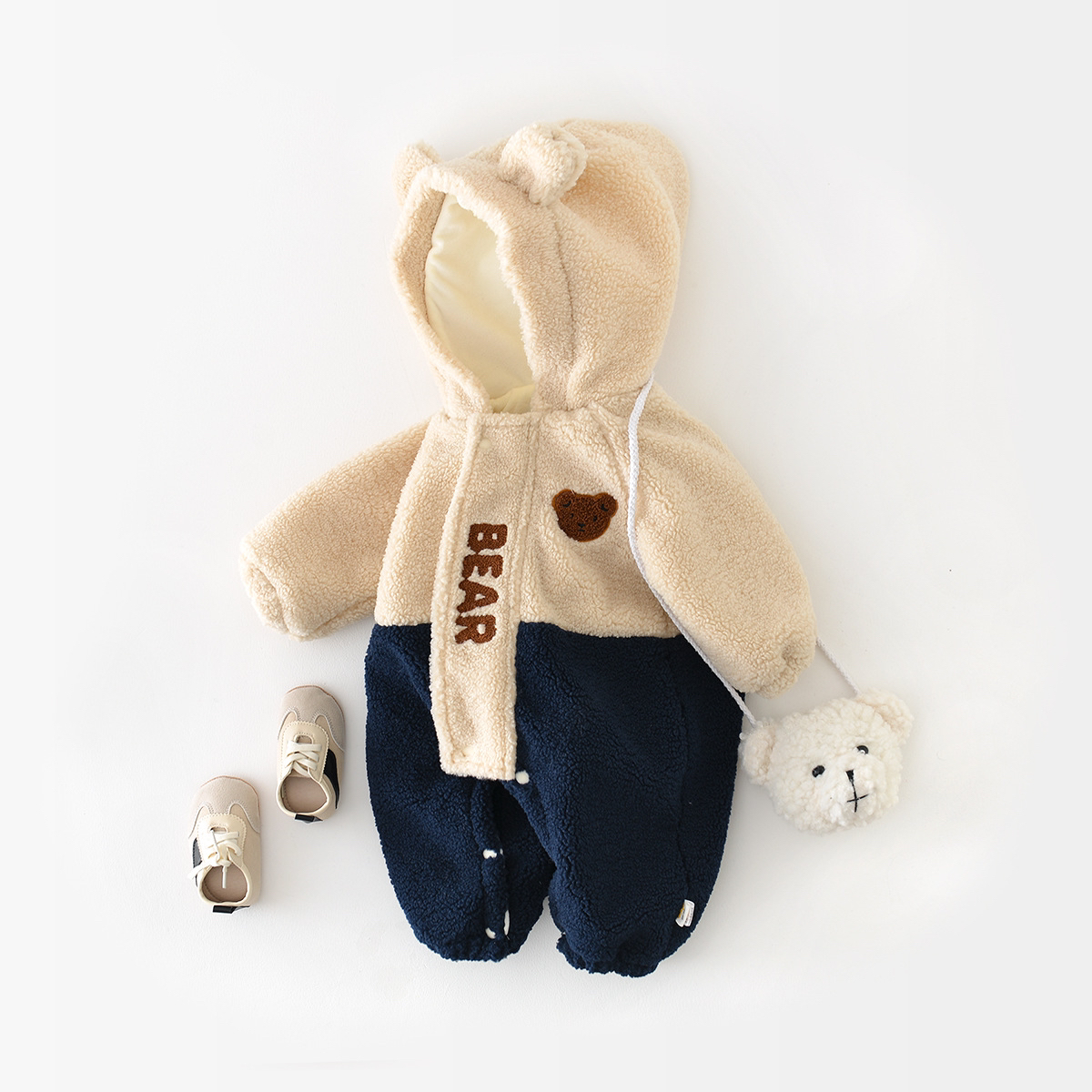 Baby Winter Thicken Warm Bear Ear and Letter Fluffy Long Sleeve Hooded Romper-kissminis