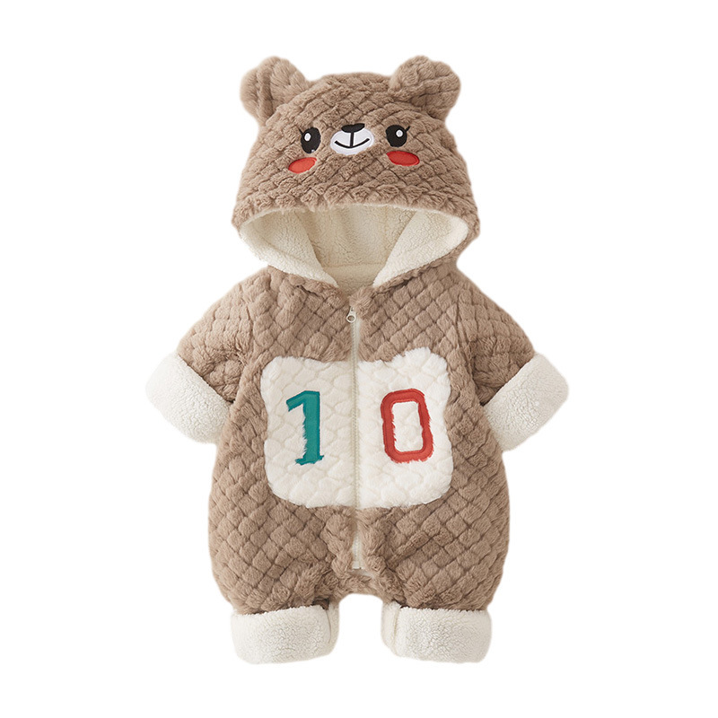 Baby Boy/Girl Winter Thicken Bear Design Number Long Sleeve Fluff Hooded Romper-kissminis