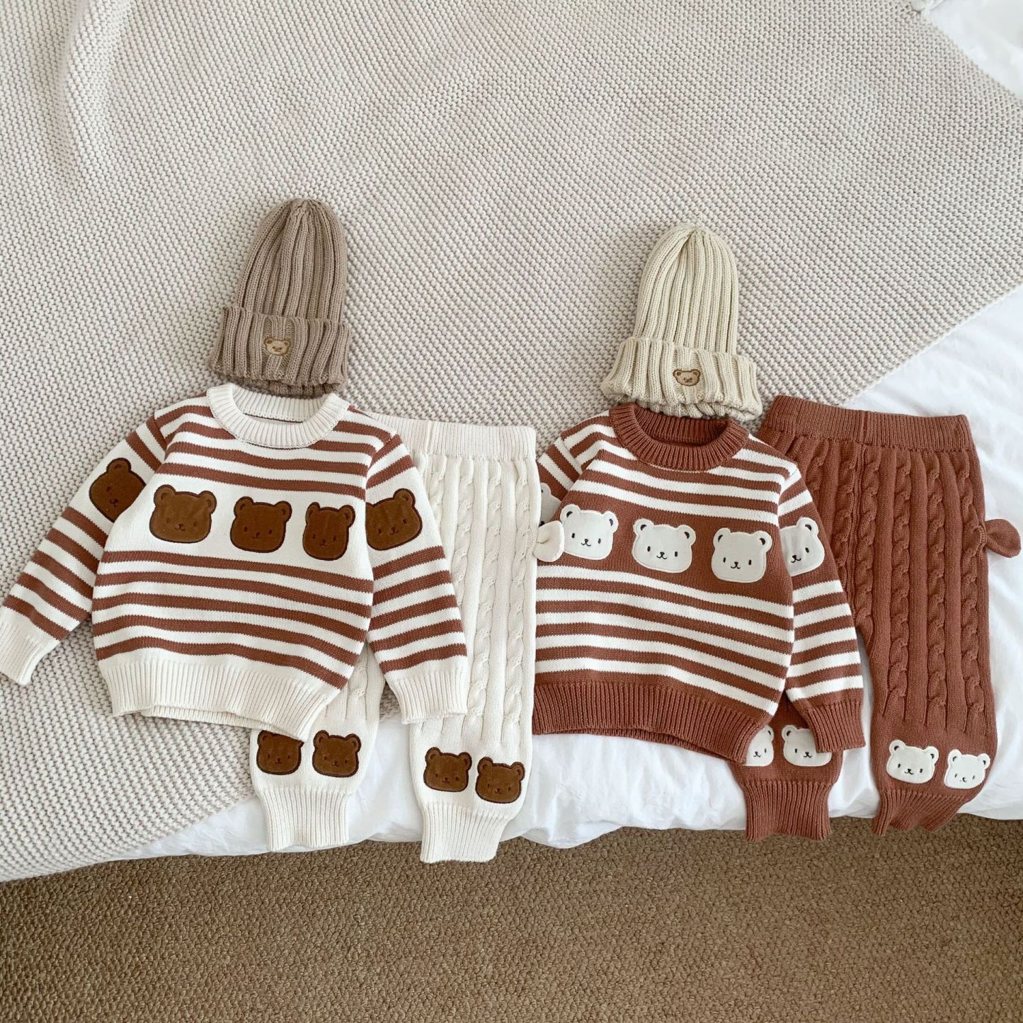 Baby Boy/Girl Cute Cartoon Bear Knitted Solid Color Long Sleeve Sweaters and Pants-kissminis