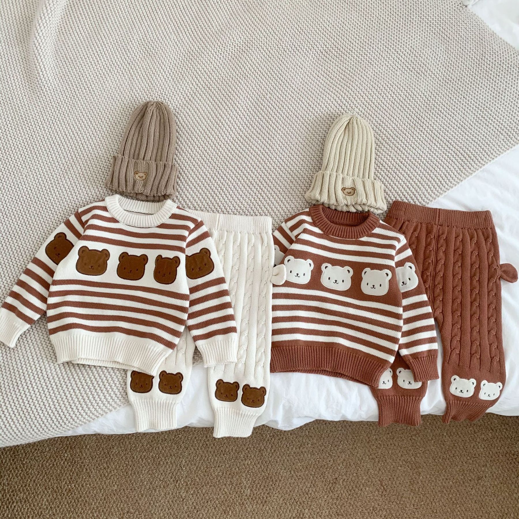 Baby Boy/Girl Cute Cartoon Bear Knitted Solid Color Long Sleeve Sweaters and Pants-kissminis