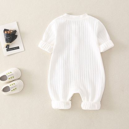 Newborn Baby Boy/Girl Ribbed Sailboat Patch Solid Color Botton Up Long Sleeve Romper