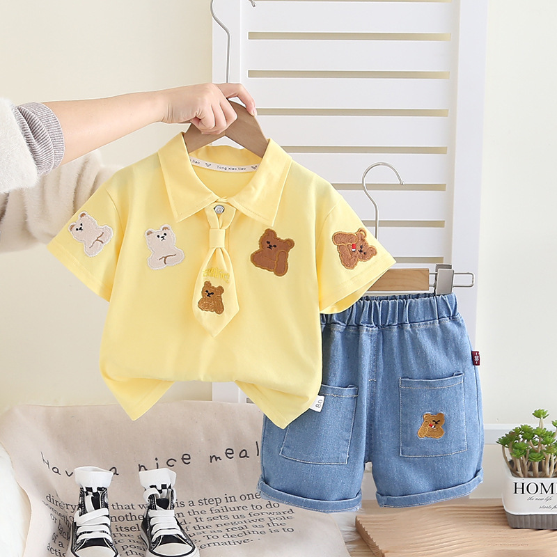 2pcs Bear Embroidery and Tie Detail Denim Shorts Set