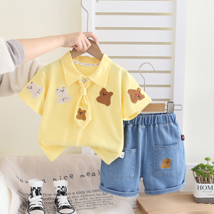 2pcs Bear Embroidery and Tie Detail Denim Shorts Set