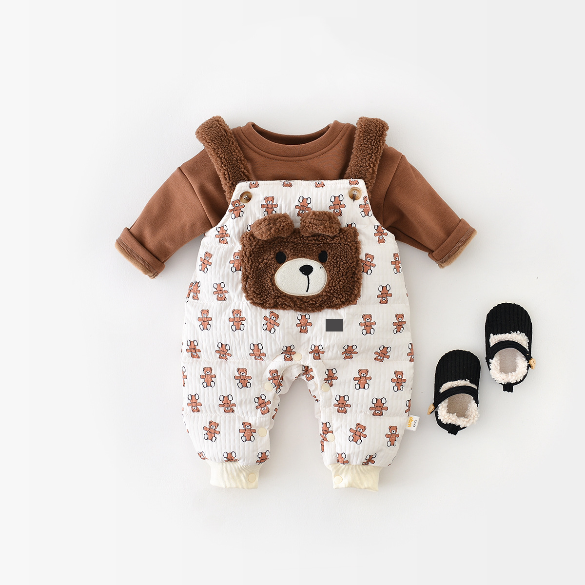 Winter Thicken Baby Boy/Girl Allover Cartoon Bear Pattern Overalls-kissminis