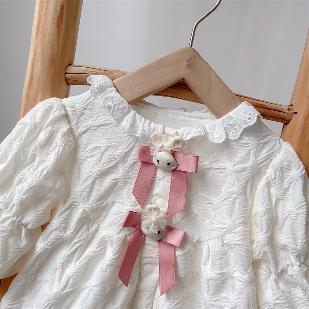Baby Girl Bowknot Design Solid Color Long Puff-sleeve Romper-kissminis