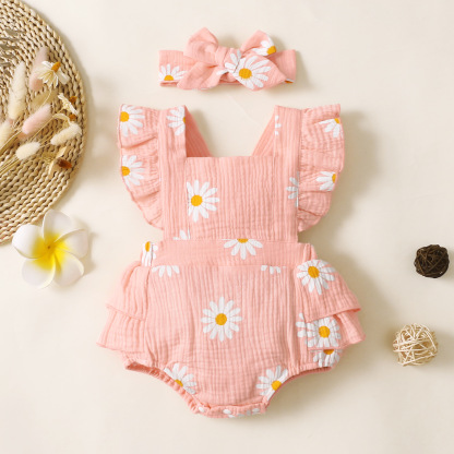 2pcs Newborn Baby Girl Allover Daisy Print Flutter Sleeve Sweet Bodysuit with Hairband Set