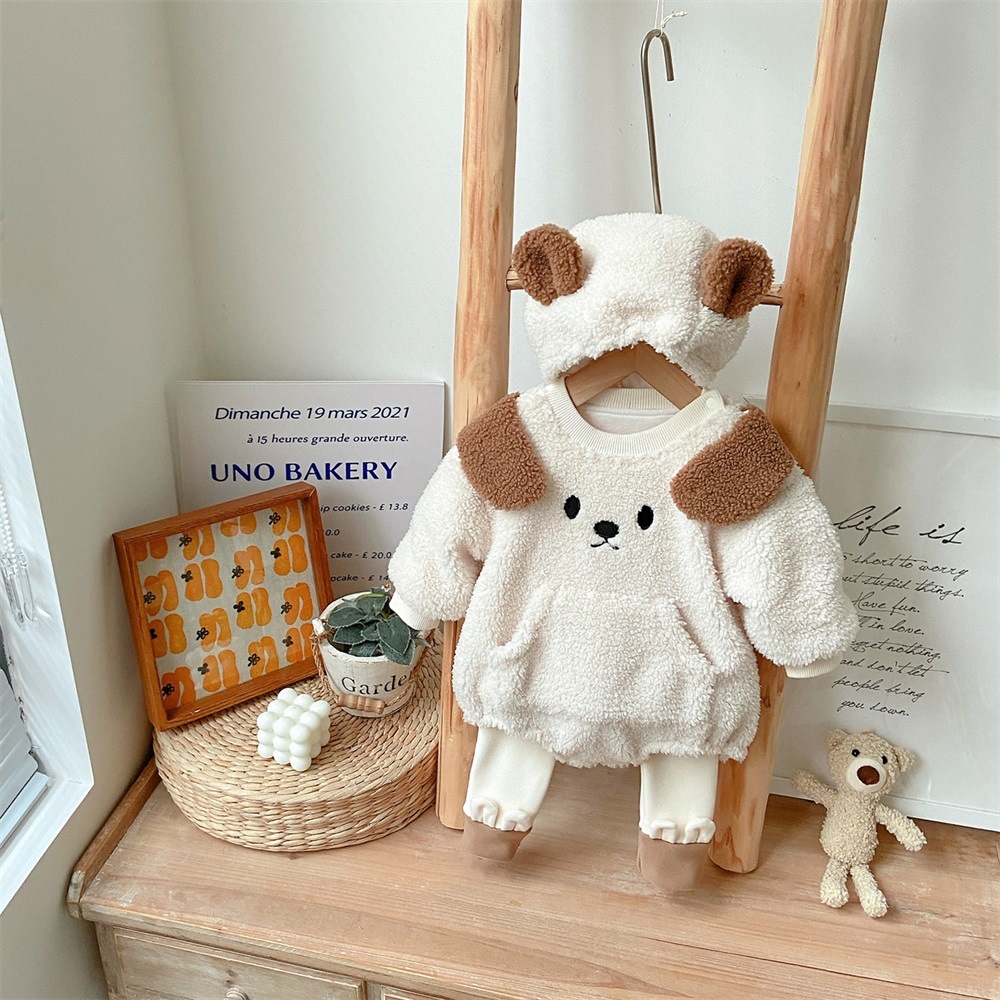 Baby Boy/Girl Winter Thicken Fluff Cute Bear Design Long Sleeve Bodysuit and Hat and Pants Set-kissminis