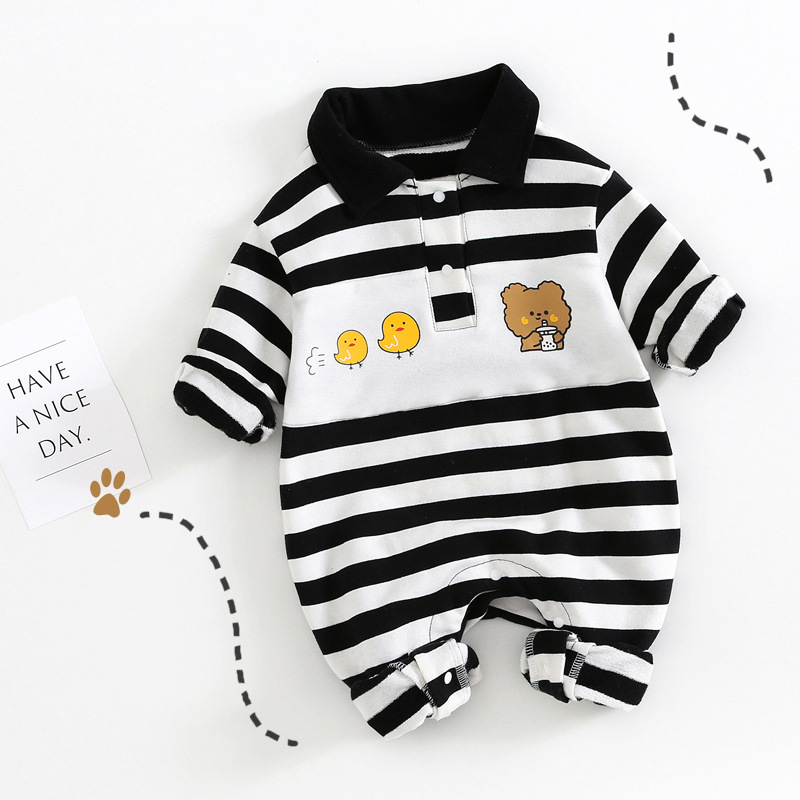 Baby Boy/Girl Cute Cartoon Print Striped Long Sleeve Romper-kissminis