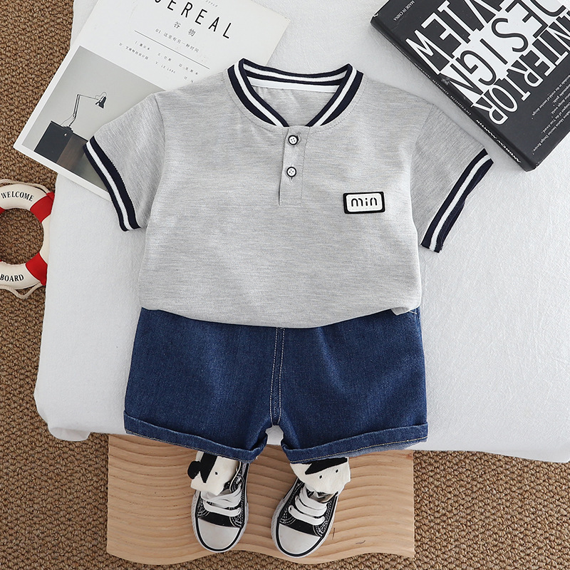 Henley Style Short Sleeve Shirt with Trim Detail and Denim Shorts Set