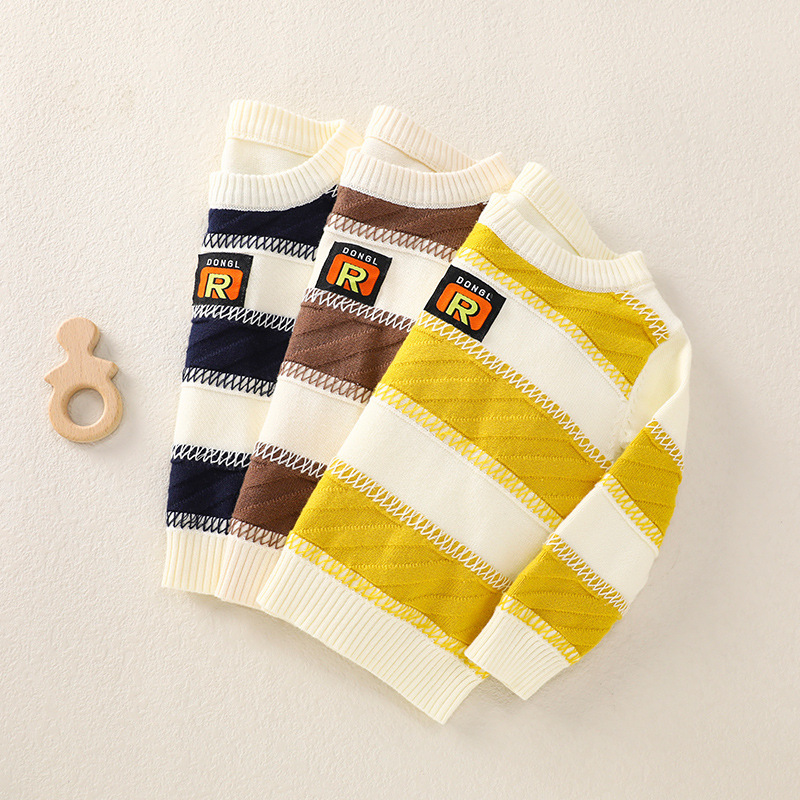 Baby Boy/Girl Ribbed Knit Stripe Pullover Sweatshirt with Pants Set-kissminis