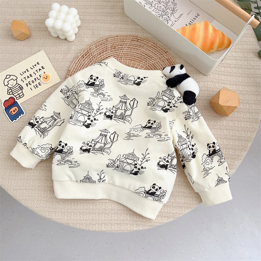 Baby Boy/Girl Panda Doll and Print Long Sleeve Sweatshirt with Pants Set-kissminis