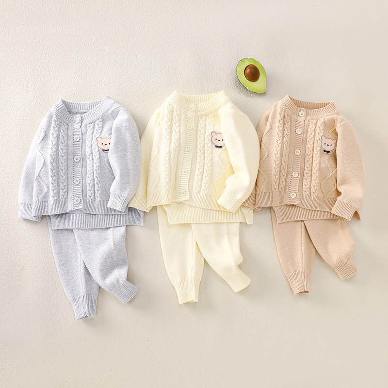 Baby Girl Ribbed Knit Bear Design Cardigan Sweatshirt with Pants Set-kissminis