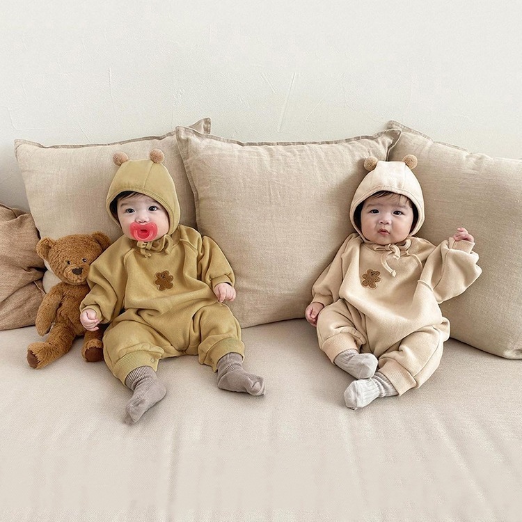 Baby Boy/Girl Bear Pattern Solid Color Long Sleeve Romper and Hat Set-kissminis