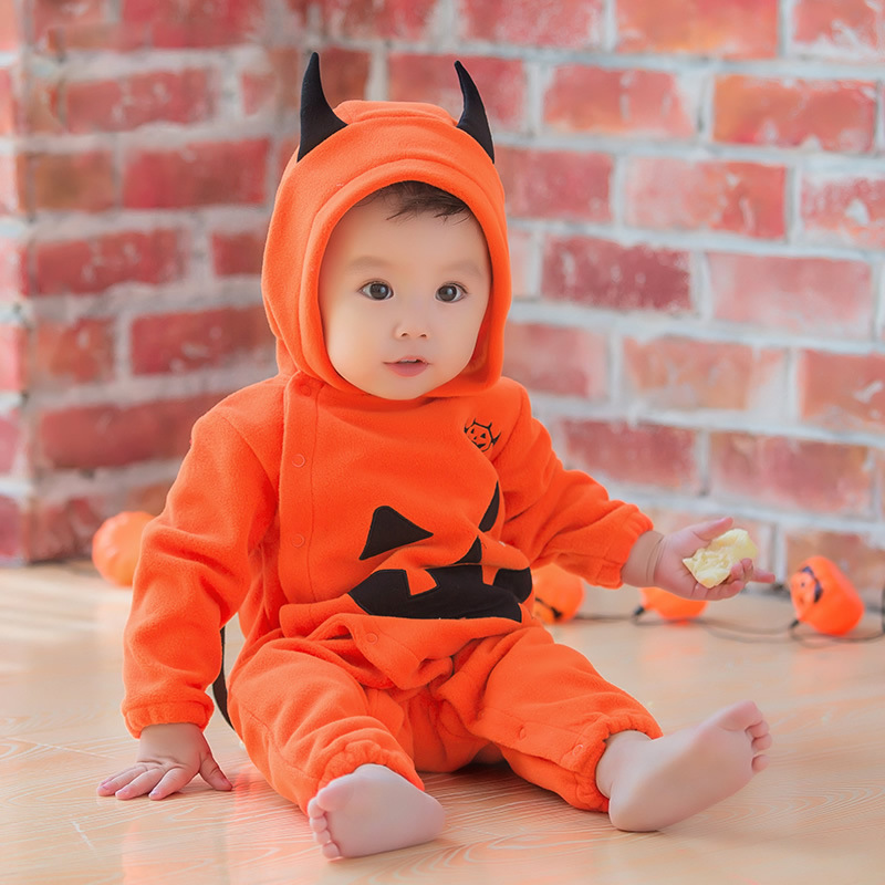 Baby Wacky Pumpkin Cartoon Print Hooded Romper-kissminis