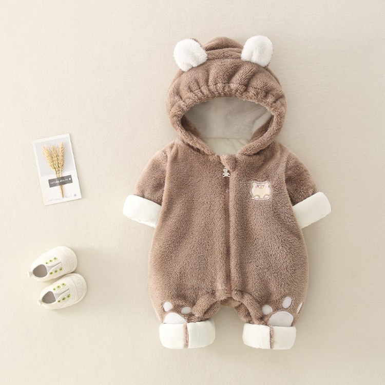 Baby Boy/Girl Winter Thicken Porket Embroidery Long Sleeve Hooded Fluff Romper-kissminis