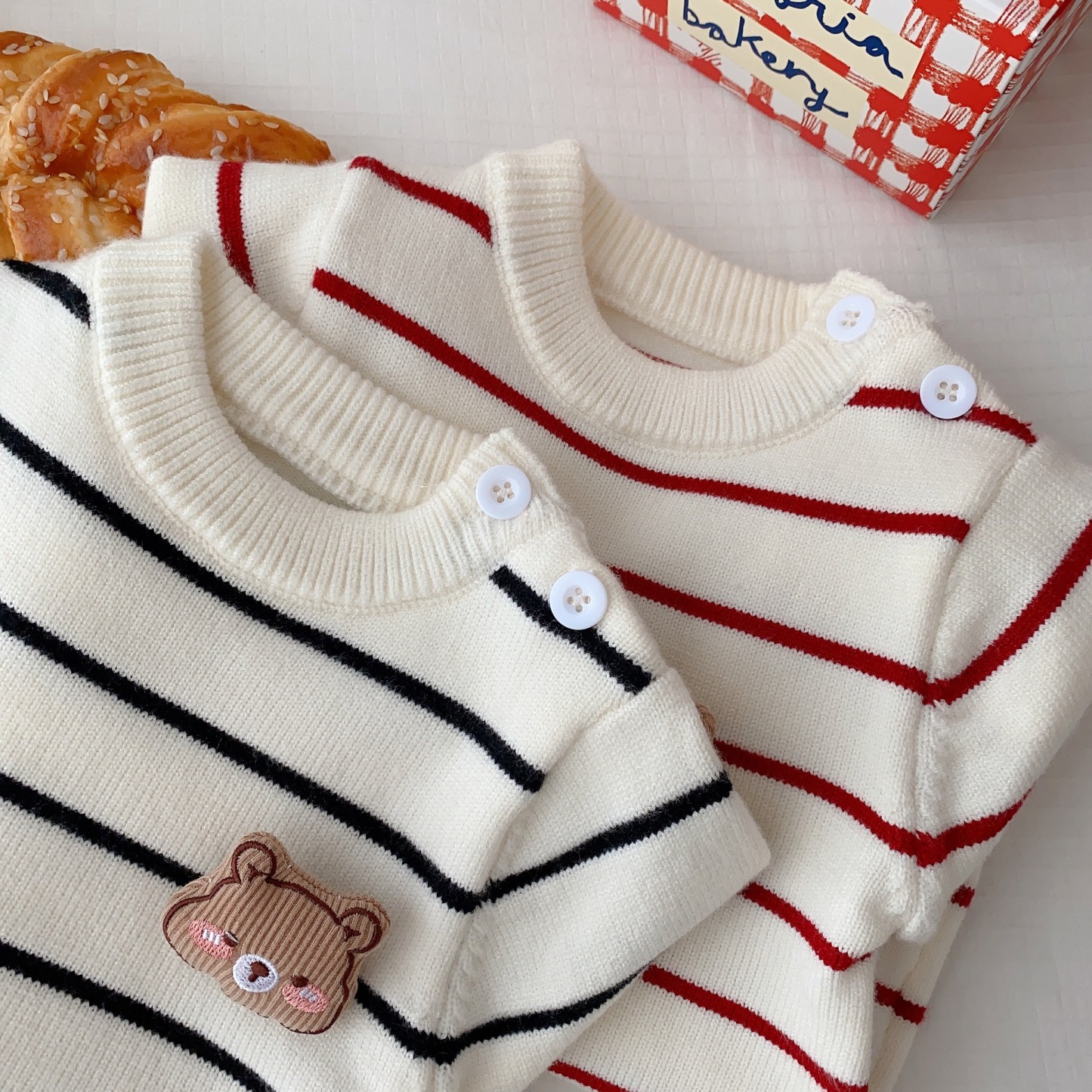 Baby Boy/Girl Cute 3D Bear Solid Color Striped Long Sleeve Romper-kissminis