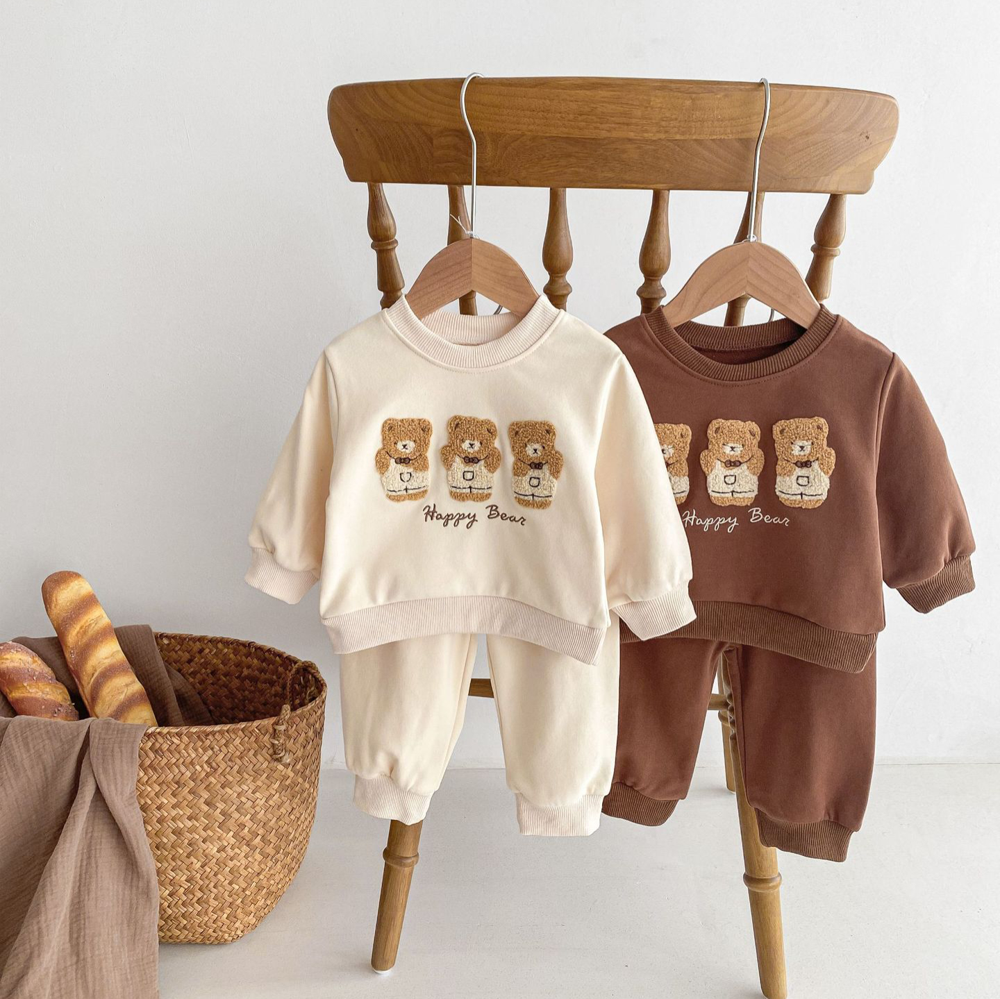 2pcs Baby Boy/Girl Bear Embroidered Long Sleeve Sweatshirt with Pants Set-kissminis