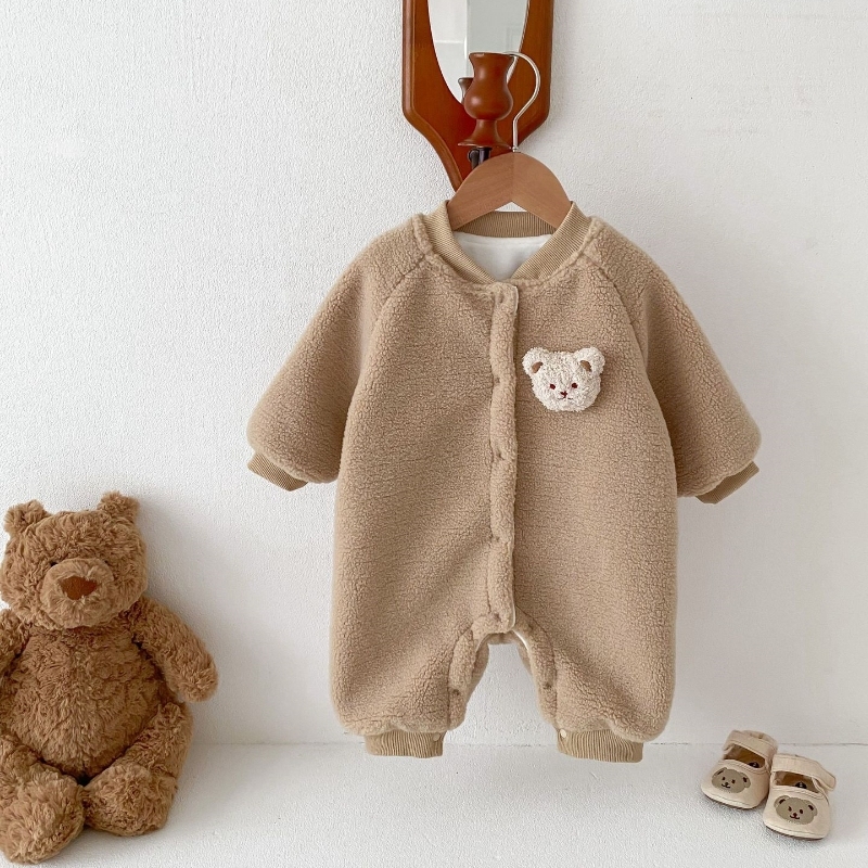 Winter FleeceBaby Boy/Girl Bear Design Solid Color Long Sleeve Romper-kissminis