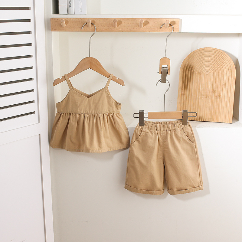 Tan and Cream Spaghetti-strap Ruffled Top and Shorts Sets