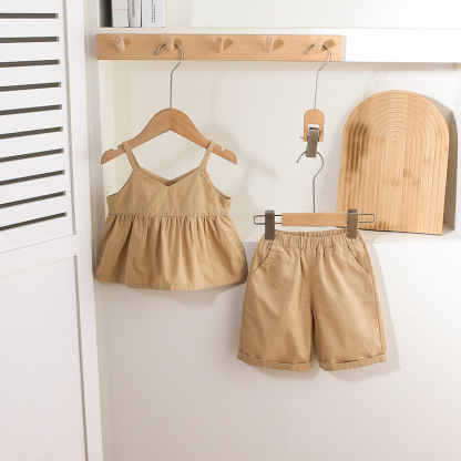 Tan and Cream Spaghetti-strap Ruffled Top and Shorts Sets