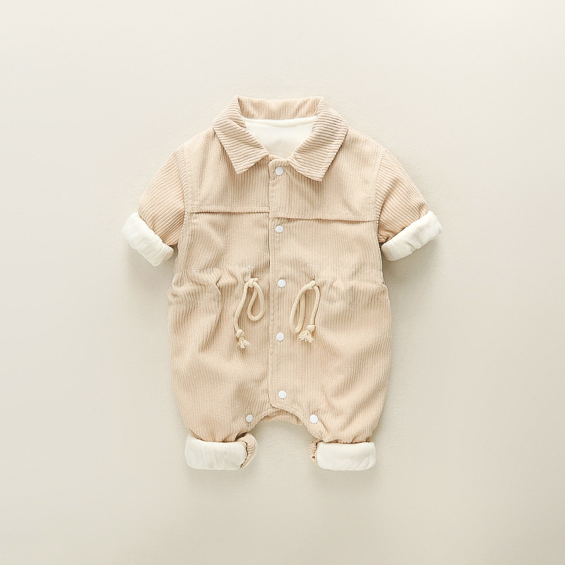 Baby Drawstring Waist Solid Color Corduroy Romper-kissminis