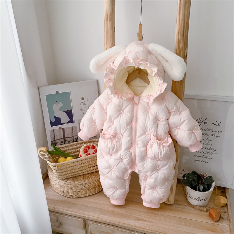 Baby Girl Winter Solid Color Floral Graphics Long Sleeve Hooded Fluff Romper-kissminis