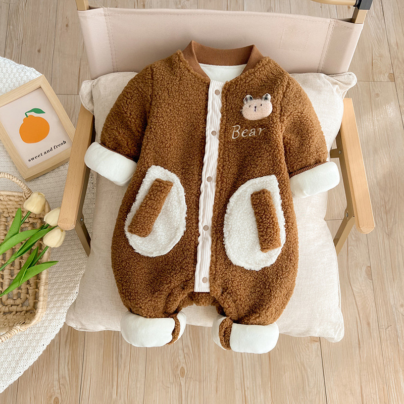 Baby Boy Cute Bear and Letter Pattern Winter Thicken Fluff Long Sleeve Romper-kissminis