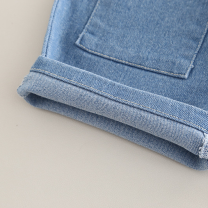 2pcs Bear Embroidery and Tie Detail Denim Shorts Set