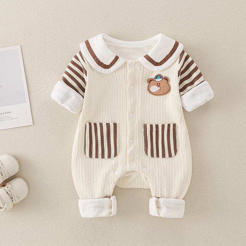 Baby Boy/Girl Bear Patch Striped Splicing Long Sleeve Romper