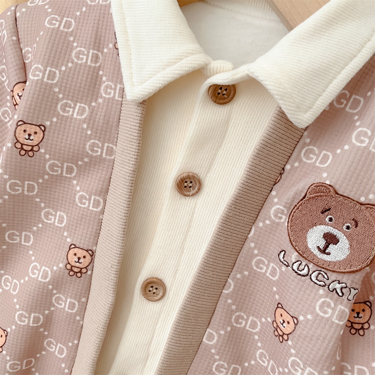 White Collar Bear Pattern, Button Front Design Romper