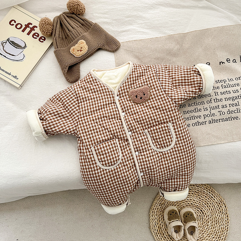 Baby Boy/Girl Cute Bear Pattern Plaid Long Sleeve Romper-kissminis