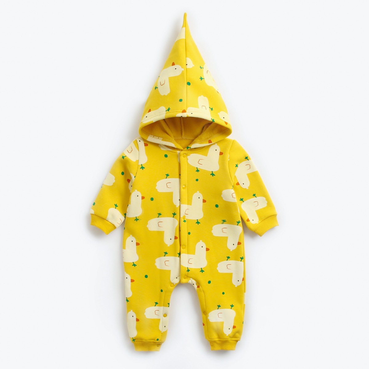 Baby Boy/Girl Allover Duck Pattern Single Breasted Long Sleeve Hooded Romper-kissminis