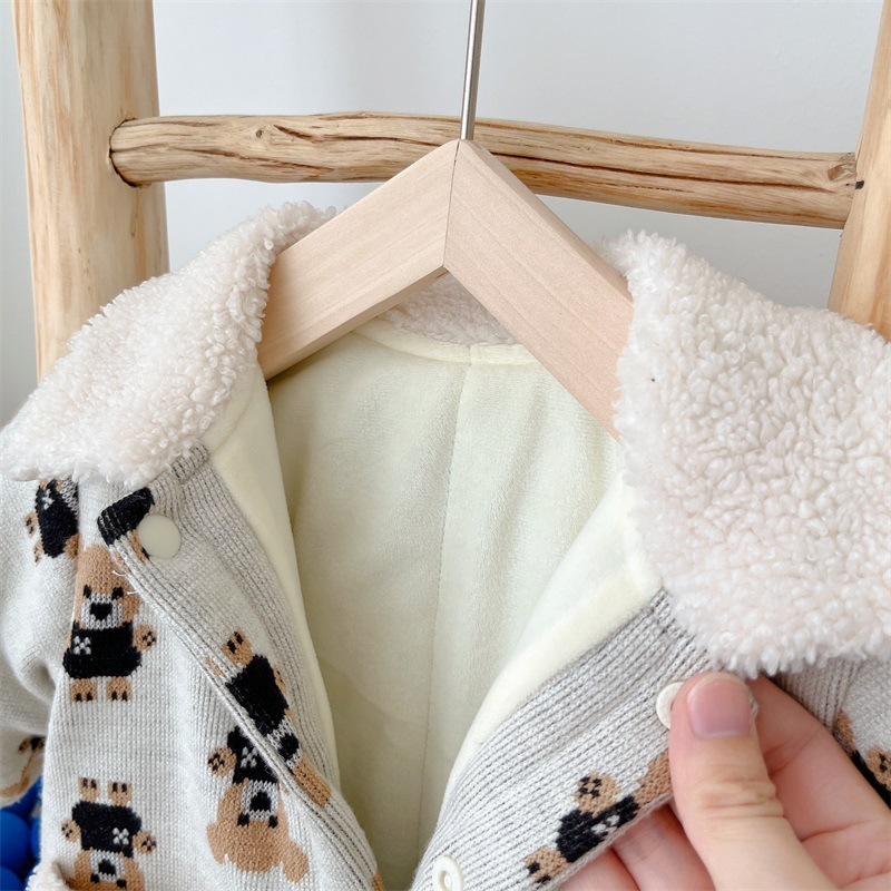 Baby Boy/Girl Winter Polo Collar Allover Bear Print Long Sleeve Fluff Romper-kissminis