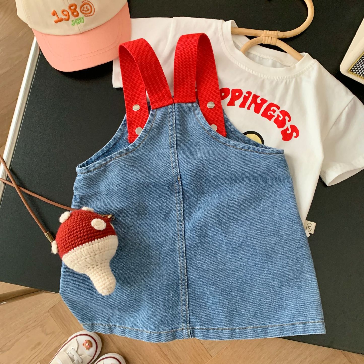 Baby Toddler Girl Block Color Suspender Pocket Embroideried Bear Denim Drress & Casual Large Rabbit Print T-shirt Set