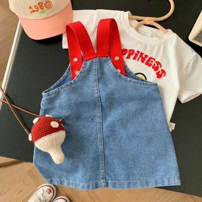 Baby Toddler Girl Block Color Suspender Pocket Embroideried Bear Denim Drress & Casual Large Rabbit Print T-shirt Set