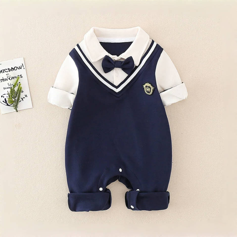 Mock Two-pieces Baby Boy Gentleman Bow Tie Long Sleeve Casual Rompe