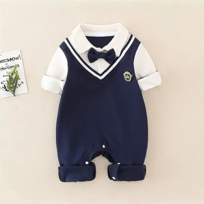 Mock Two-pieces Baby Boy Gentleman Bow Tie Long Sleeve Casual Rompe
