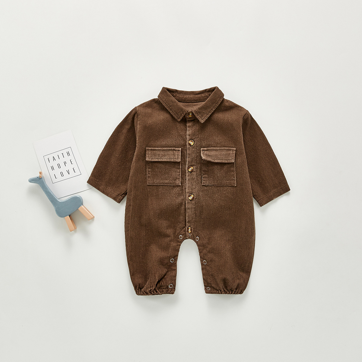 Baby Boy Solid Color Single Breasted Long Sleeve Romper-kissminis