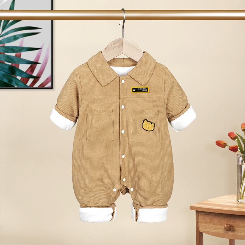 Baby Bear Pattern Solid Color Corduroy Romper-kissminis
