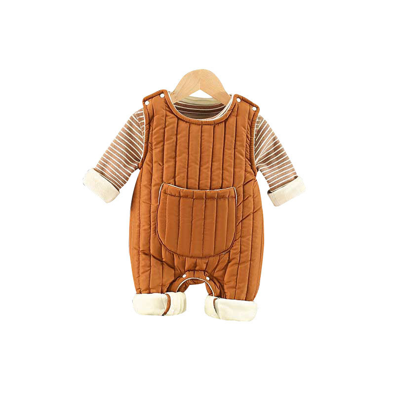 2pcs Baby Boy/Girl Winter Fleece Stripe Line Solid Color Overall Romper with Sweatshirt Set-kissminis