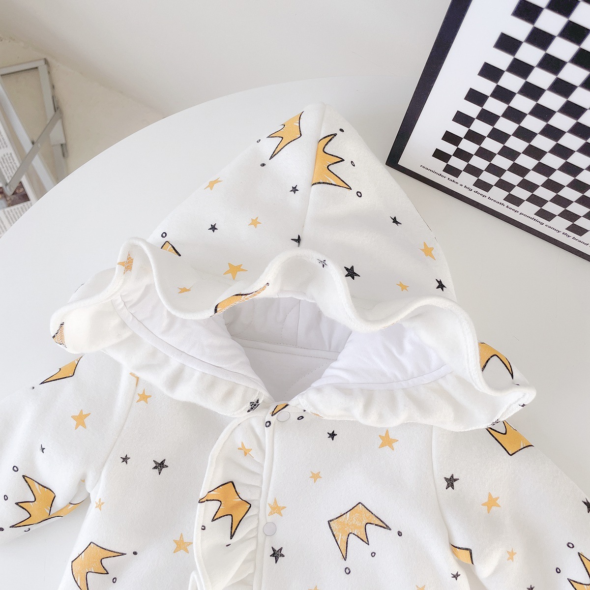 Baby Girl Allover Little Crown and Star Pattern Thicken Long Sleeve Hooded Romper-kissminis