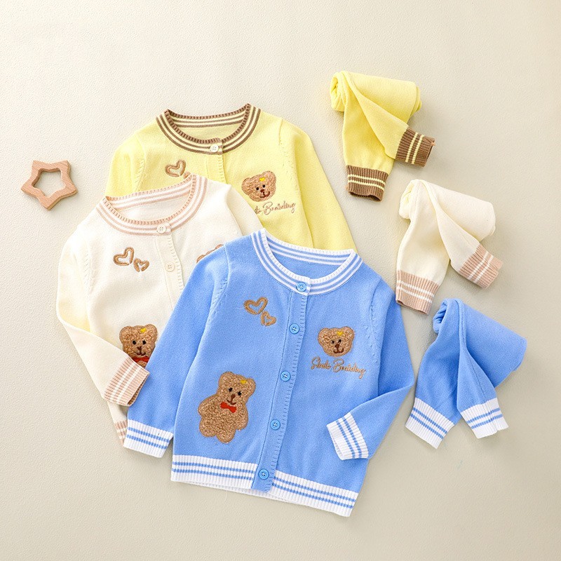 Baby Boy/Girl Ribbed Knit Bear Design Cardigan Sweatshirt with Pants Set-kissminis